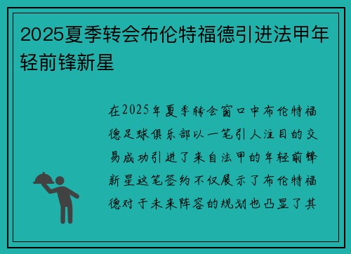 2025夏季转会布伦特福德引进法甲年轻前锋新星