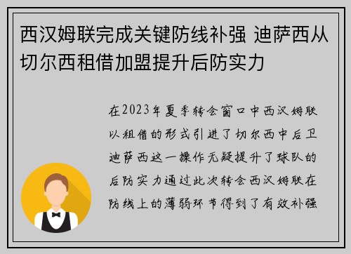 西汉姆联完成关键防线补强 迪萨西从切尔西租借加盟提升后防实力 西汉姆联完成关键防线补强 迪萨西从切尔西租借加盟提升后防实力