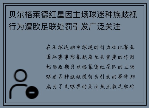 贝尔格莱德红星因主场球迷种族歧视行为遭欧足联处罚引发广泛关注
